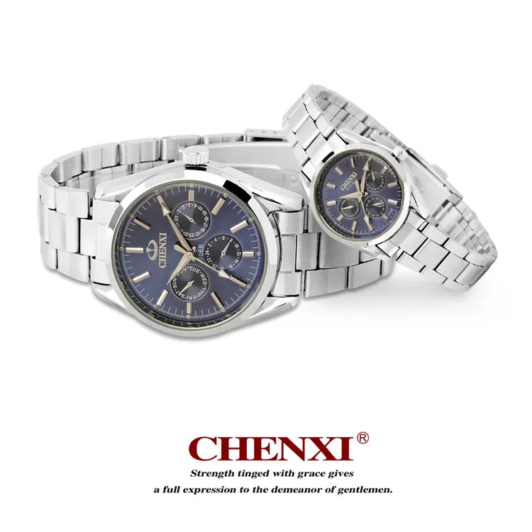 CHENXI Brand Luxury Quartz WristWatch 3 Small Decoration Dial Lover Couple Watches Silver Stainless Steel Men and Women Watches