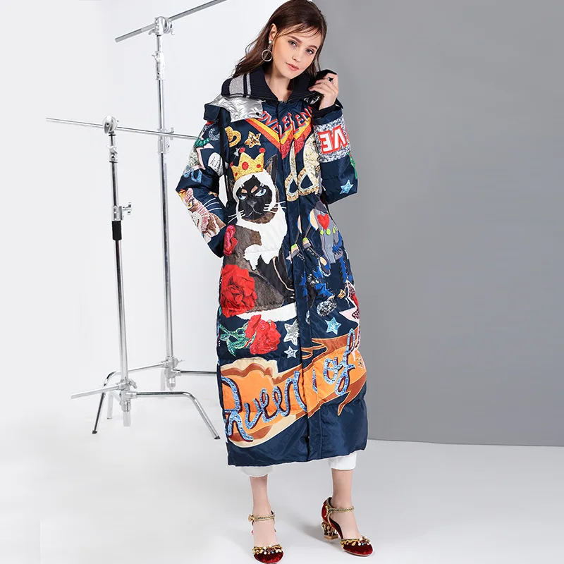 High quality 2021 new Temperament Fashion Loose parka Print Vintage X-Long women down winter coat Warm Jacket Female Overcoat