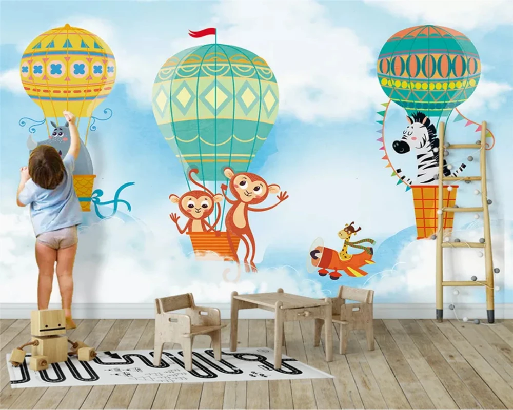 beibehang Custom silky papel de parede 3d wallpaper Nordic simple hot air balloon animal monkey zebra children room background