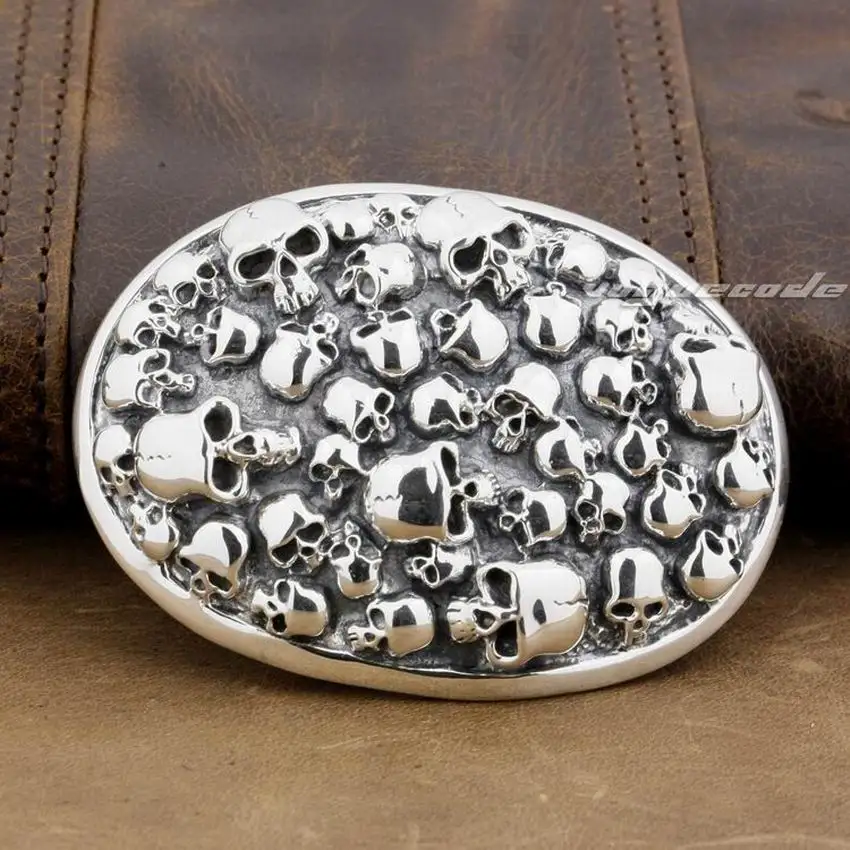 LINSION-925 Sterling Silver Skulls Belt Buckle para homens, motociclista Punk, Rock, 9C006