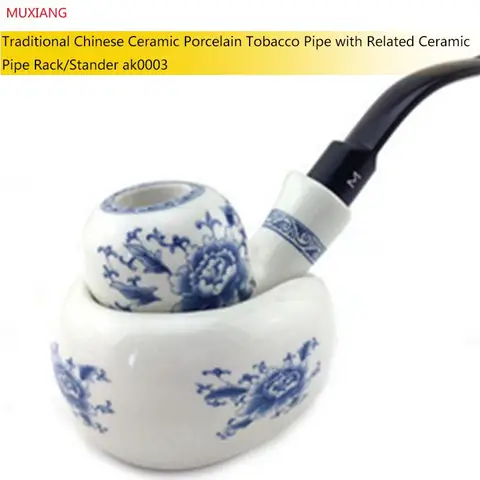 Hot Original Durable Manual Blue and White Porcelain Ceramic Pipe Set Bent Stem Clay Cigarettes Pipe with Pipe Rack Stand ak0003