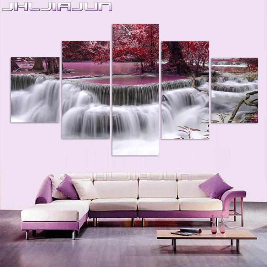 5 Pieces Print Canvas Painting Framework Waterfall Maple Leaves Child Room Decor Modular Picture Home Decoration Movie Poster