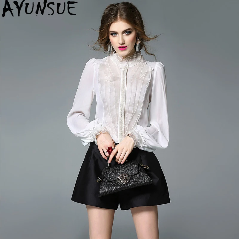 Camisa De seda para Mujer, blusa blanca con volantes, Top De manga larga para Mujer, Blusas De Moda 2020 KJ1783