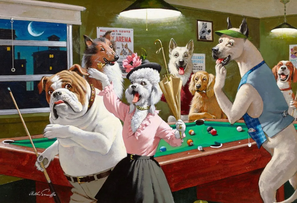 

Dogs Playing Pool Modern Animal Oil Painting on Canvas Home Decorative Art for Hotel, Pub, Living Room Wall Decor Hand Painted