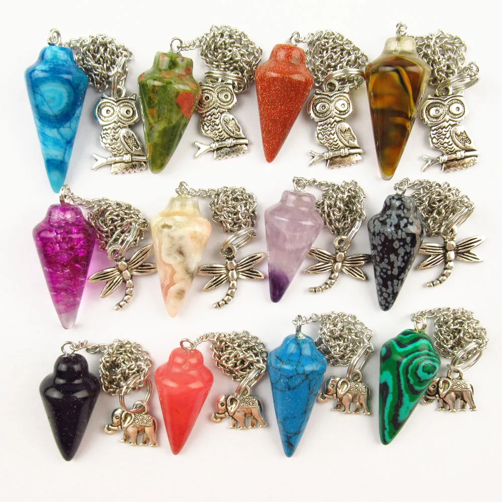 Beautiful 12pcs/lot Mixed Natural Reiki Healing Stone Pendulum for Dowsing Spiritual Divination Cone Necklace Jewelry