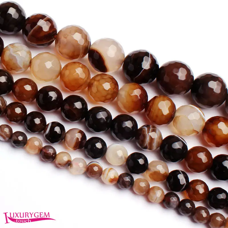 4,6,8,10,12,14mm Natural Faceted Round Shape Brown Banded Agates Stone DIY Loose Beads Strand 15 Inch wj328