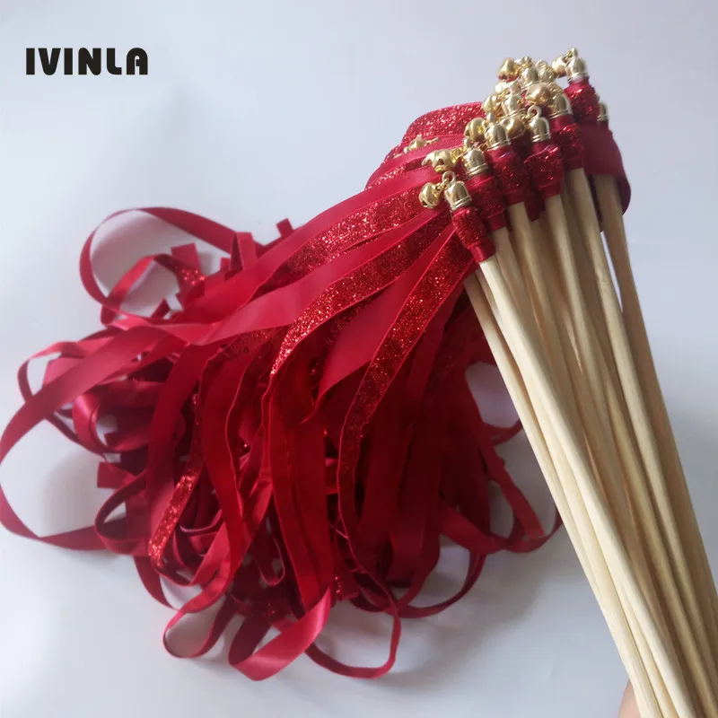 New style 50Pieces/Lot dark red glitter + red stain wedding ribbon wands wedding stick wedding confetti for wedding party