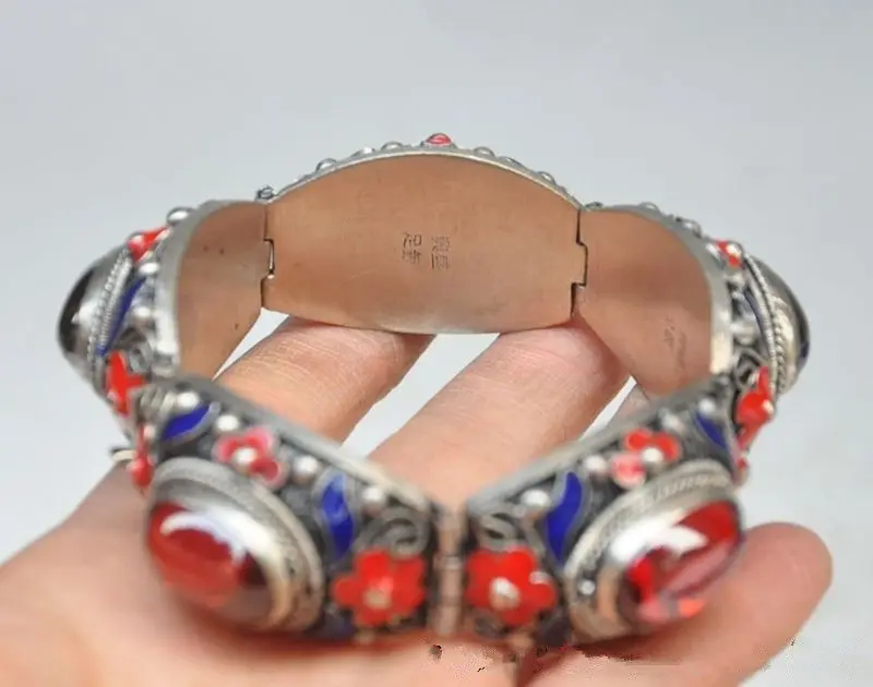 7.88 inch / Beautiful Chinese ancient Tibetan silver cloisonne inlaid with Artificial Red Zircon bracelet