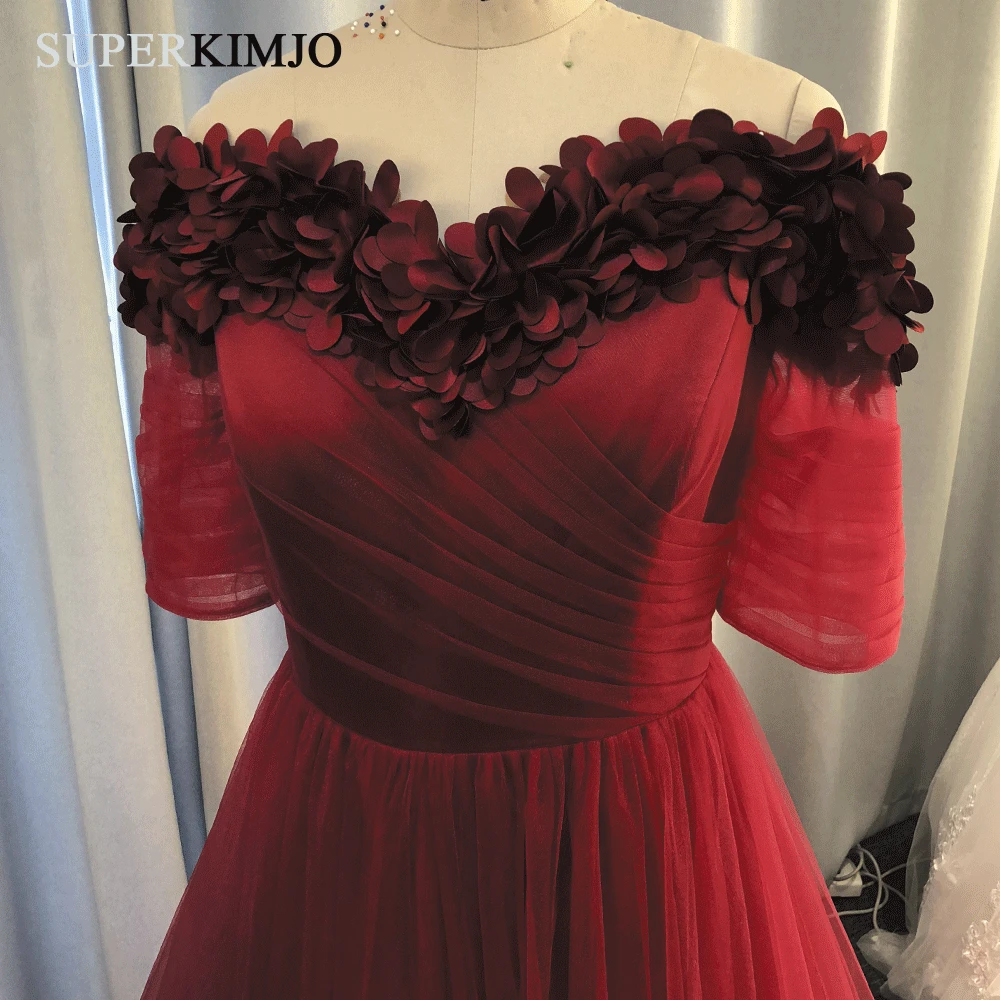 SuperKimJo 3D Flowers Prom Dresses Long Burgundy Off the Shoulder Elegant Prom Gown Vestidos De Graduacion Largos 2020