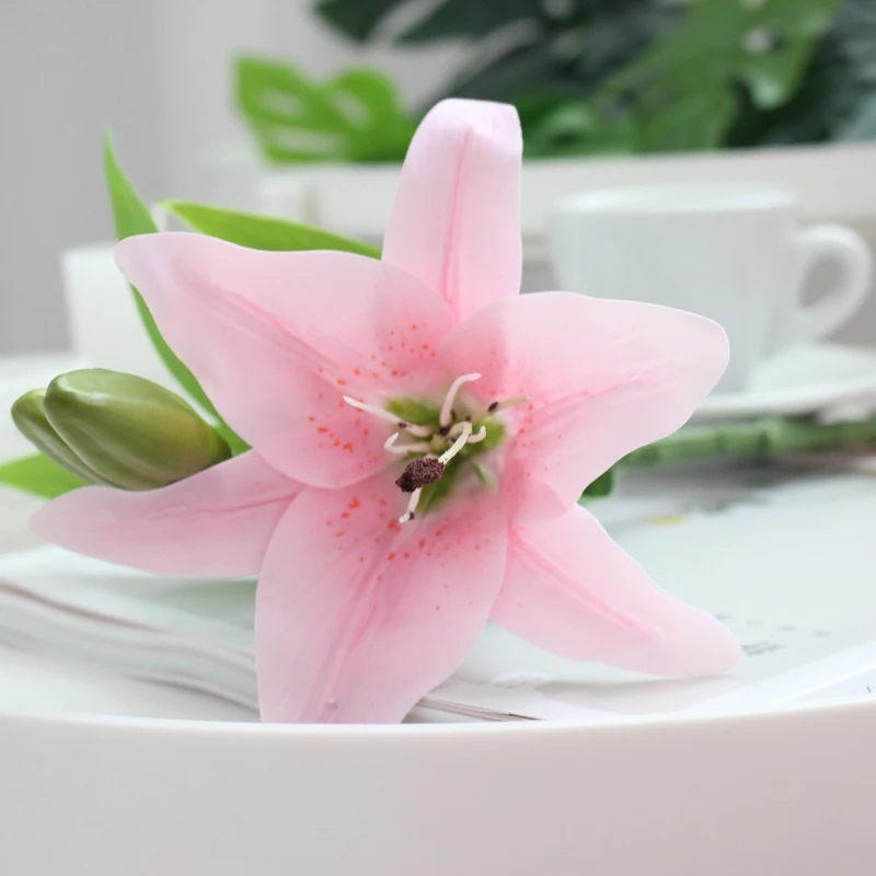 Yellow Lilies Artificial Flowers Real Touch White Flower Decoration Wedding Fake Lily Branch 4 Heads Red Marriage Wreath