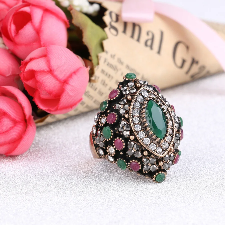 Wbmqda Ethnic Style Vintage Rings For Women Retro Crystal Flowers Red Resin Ancient Gold Color Finger Ring Turkey Jewelry