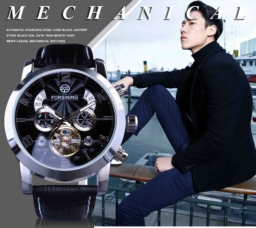 Forsining 5 Hands Tourbillion Fashion Wave Dial Design Multi Function Display Men Watches Top Brand Luxury Automatic Watch Clock