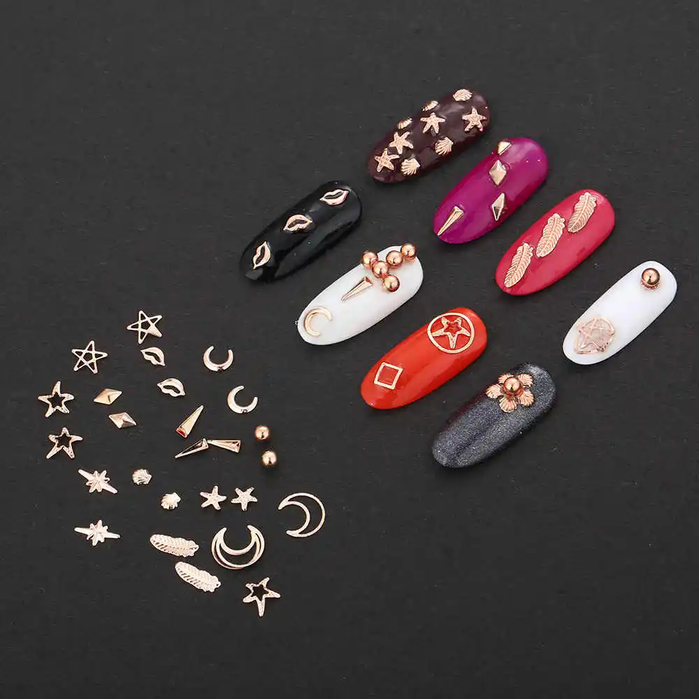 12 Shapes Rose Gold Metal 3D DIY Nail Art Decorations Studs Nails Accessories Supplies Manicure Design Tools