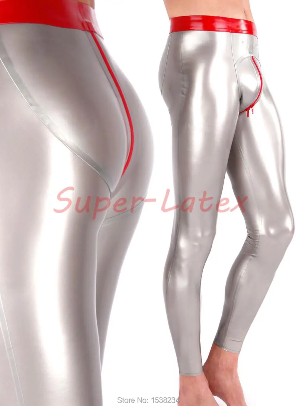 

Latex Leggings Men Skinny Latex Trousers Crotch Zip With Trims 3D hips cut