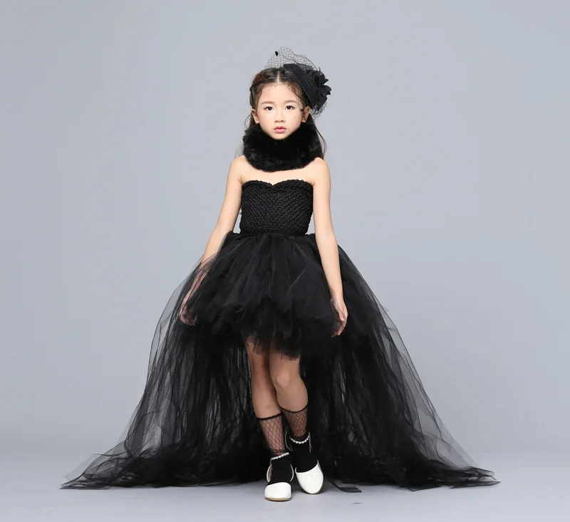 POSH DREAM Black Shoulderless Children Kids Party Clothes with Train Tulle Vintage Black Toddler Baby Girls Halloween Costume