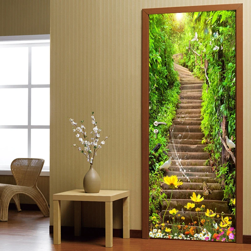 

Self-adhesive 3D Door Sticker Mural Forest Stone Stairs Waterproof PVC Wallpaper Wall Stickers Living Room Bedroom Home Decor