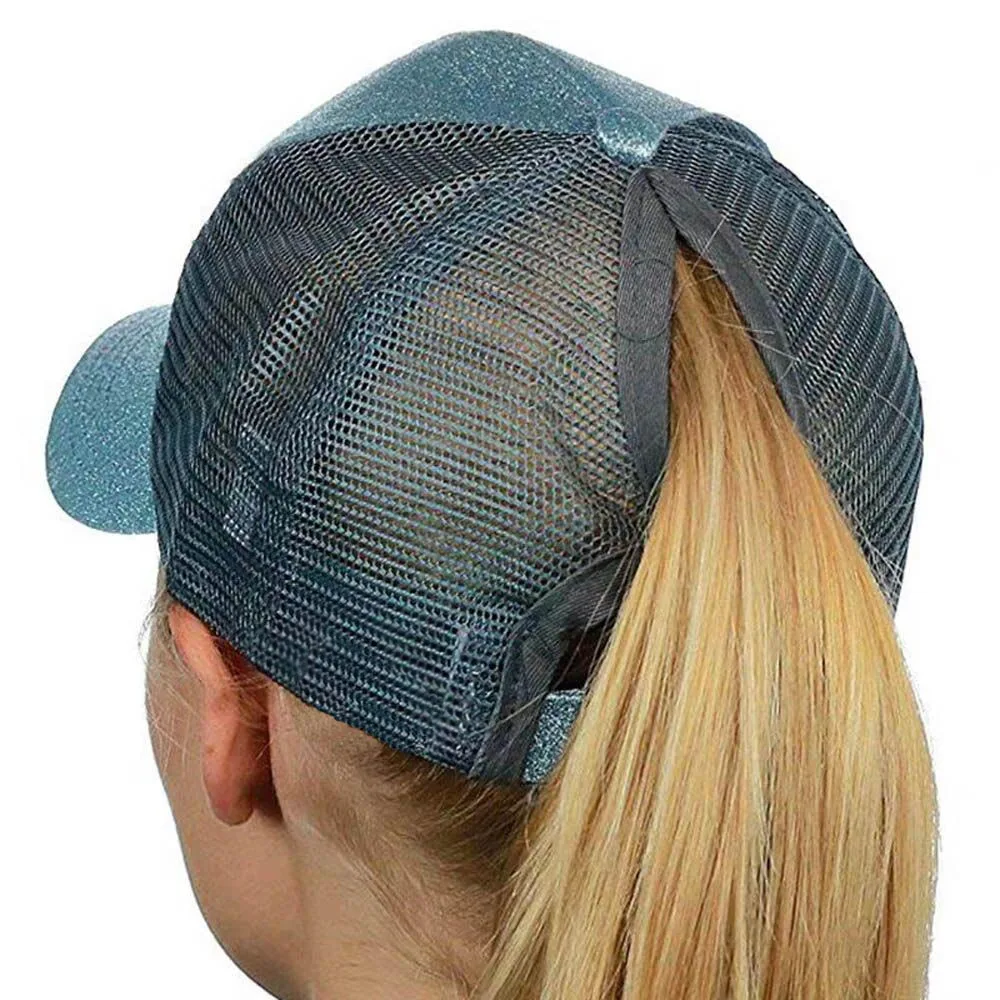 Sombrero de malla con cola de caballo para hombre y mujer, gorra de béisbol con lentejuelas ajustables, brillante, deportiva, para bailar, para el