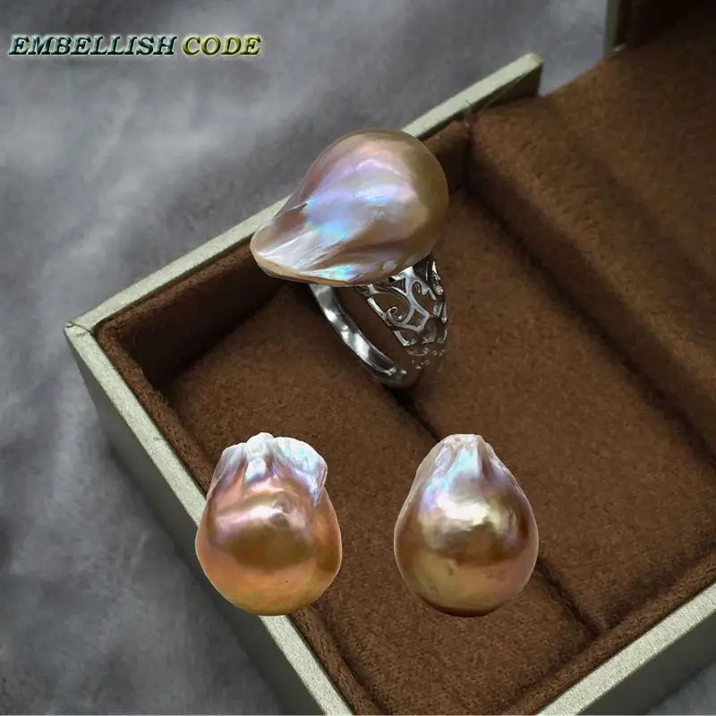 

Resize baroque pearls 925 silver Ring stud earring set purple golden colourful Lustrous fire ball flameball nice jewelry women