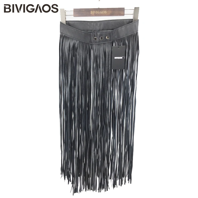 BIVIGAOS Womens PU Leather Girdle Long Skirt Tassel Belt Skirts Female Wild Gypsy Style Skirts Adjustable Faldas Largas Saias