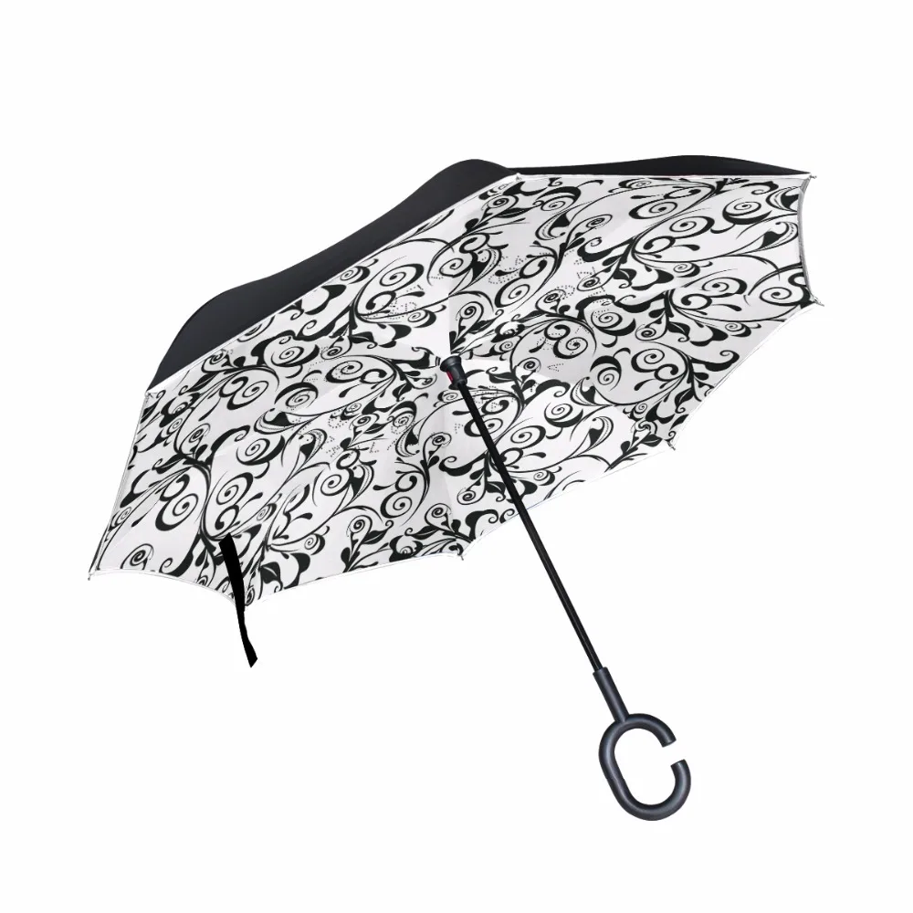 C Shape Handle Inverted Reverse Umbrella Black Mark Hand-Drawing Umbrella Windproof Self Stand Rain Protection Paraguas