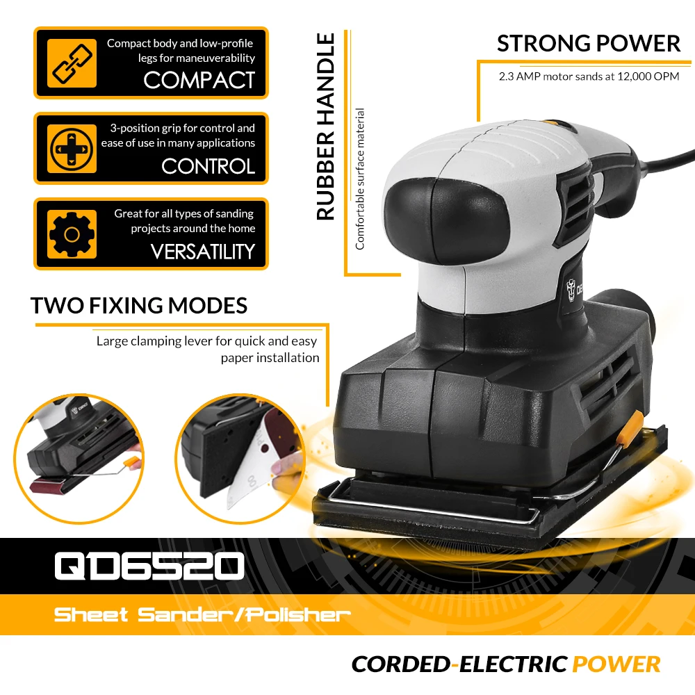 다이나믹 에어쿠션 데코 DKFS16Q1 230V 시트 샌더 15pcs 사포 및 먼지 배기 160W 전동 공구 홈 DIY 트리머 전기 샌더