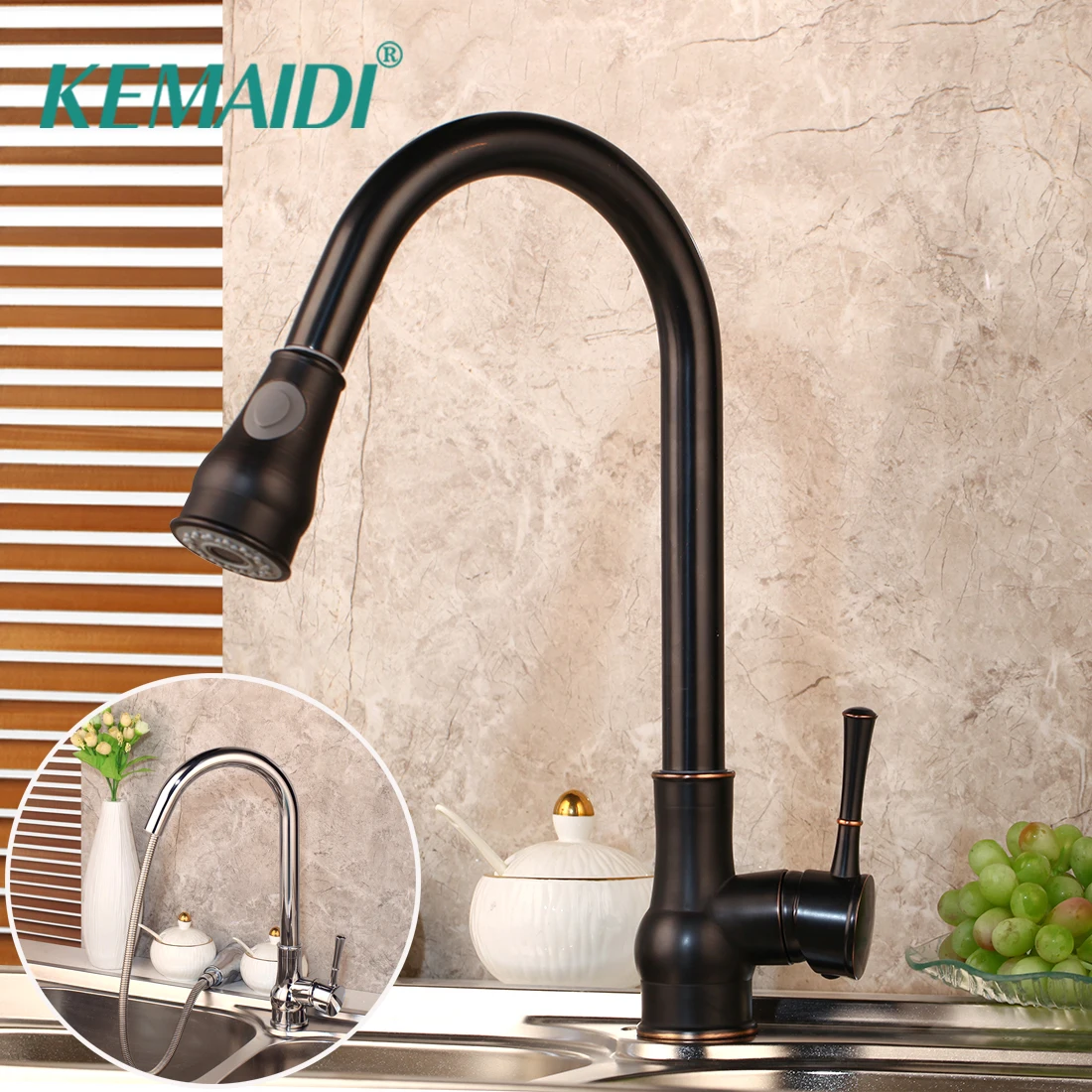 KEMAIDI Kitchen Faucets Silver & Black Single Handle Pull Out Kitchen Tap Single Hole Handle Swivel 360 Degree Water Mixer