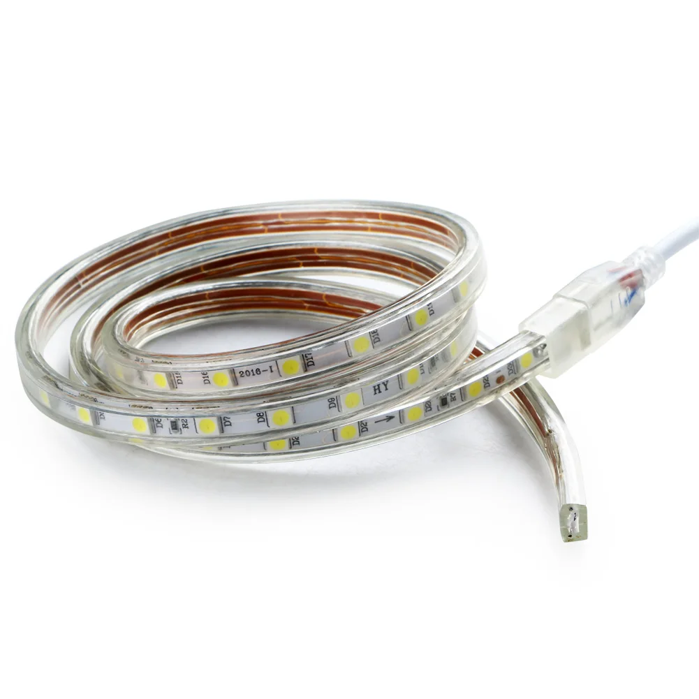 شريط إضاءة LED الأكثر مبيعًا SMD 5050 AC220V شريط إضاءة مرن EU Plug IP67 مقاوم للماء 1 متر/2 متر/5 متر/6 متر/8 متر/10 متر/12 متر/15 متر/20 متر/22 م/25 م