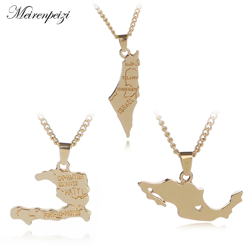 Hip Hop Alloy Israel Map Tag Pendant Necklace I heart Mexico Country Map Silhouette Necklaces Love Motherland Jewelry