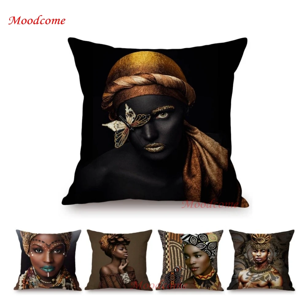 Black Elegant Sofa Throw Pillow Cover African Queen Princess King Beautiful Home Decoration Art Cotton Linen Chair Cushion Cover