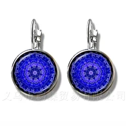 Trendy OM Yoga Chakra Mandala Glass Dome Earrings Sacred Geometric Purple Flower Pattern Glass Silver Plated Stud Earring