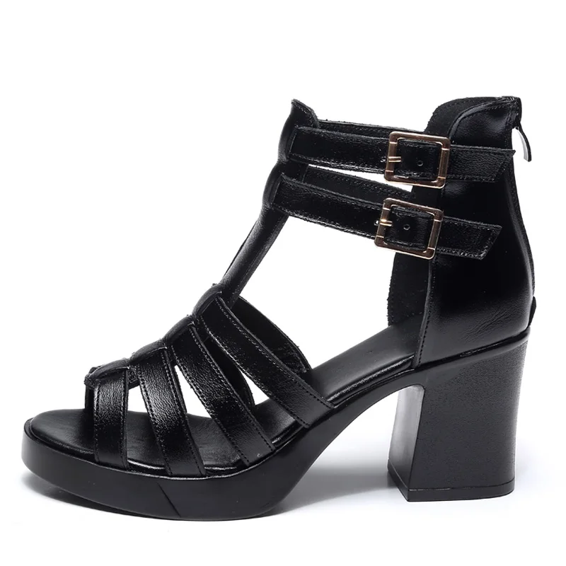 DRKANOL 2024 Cow Leather Women Sandals Black Sexy High Heel Gladiator Sandals Cut-outs Peep Toe Buckle Summer Women Casual Shoes