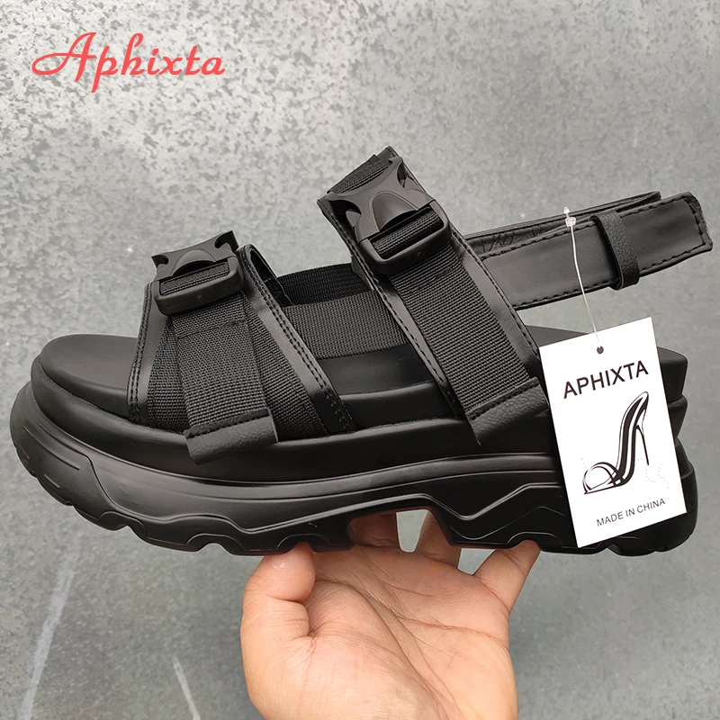 Aphixta Platform Shoes Women Sandals Wedge Heels Height Increaming Summer Buckle Thick Soled Beach Canvas Sandals Big Size 43