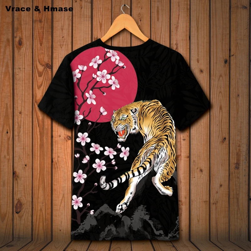 

3D Tiger Cherry Blossom Pattern Printing Oversize Short Sleeve t shirt Summer 2018 New Hollow Breathable Top Quality t shirt men