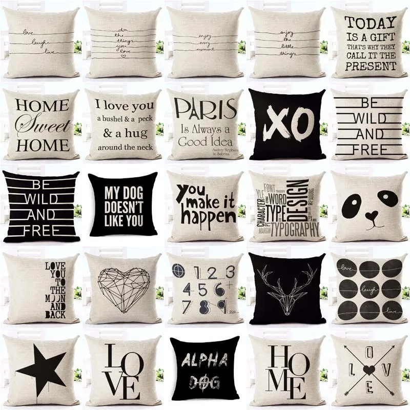 Letter Love  Home Cushion Covers Cotton Linen Black White Pillow Cover Sofa Bed Nordic Decorative Pillow Case Almofadas 45x45cm