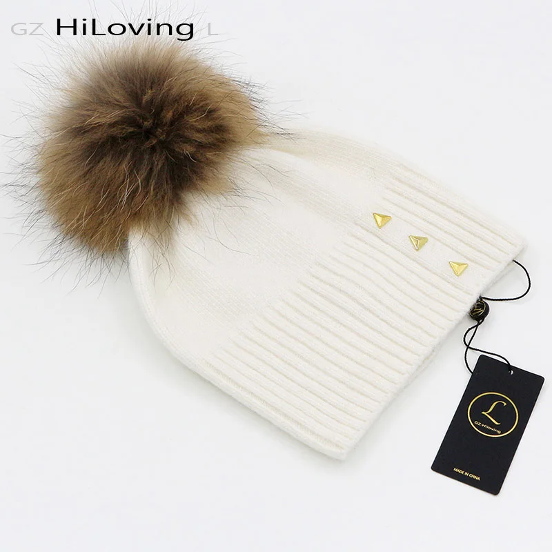 

GZHilovingL Winter Womens Beanie Hats Real Natural Wool Raccoon Fur Pompom Hats Solid Color Soft Warm Girls Winter Gorros Hats