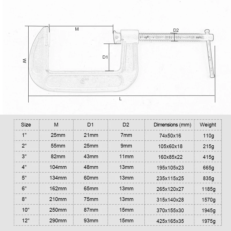 Heavy Duty C Clamp 1/2/3/4/5/6/8/10/12-inch Ductile Iron Wood Working G Clamp