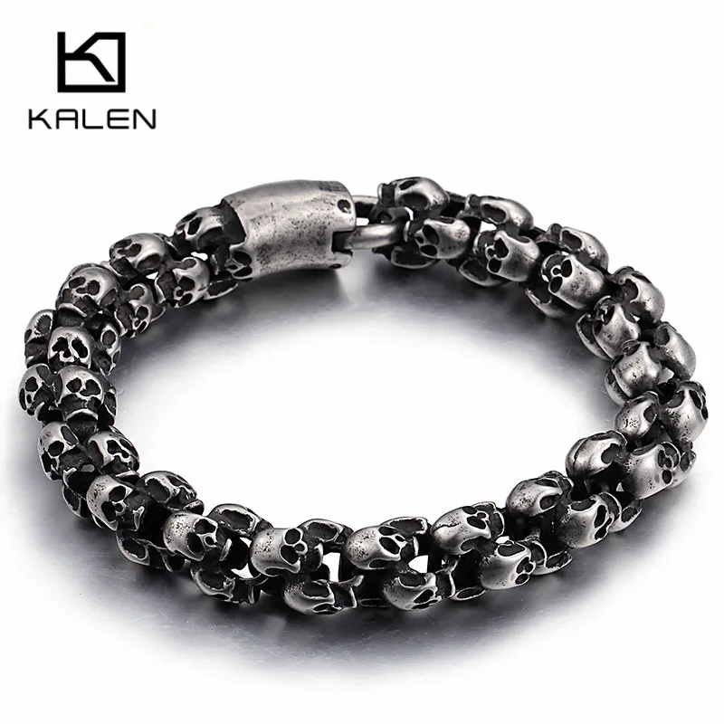 

Kalen Punk Long Matte Skull Necklace & Bracelets For Men Stainless Steel Brushed Skull Charm Link Chain Male Gothic Jewelry