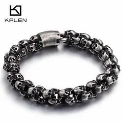 Kalen Punk Long Matte Skull Necklace & Bracelets For Men Stainless Steel Brushed Skull Charm Link Chain Male Gothic Jewelry