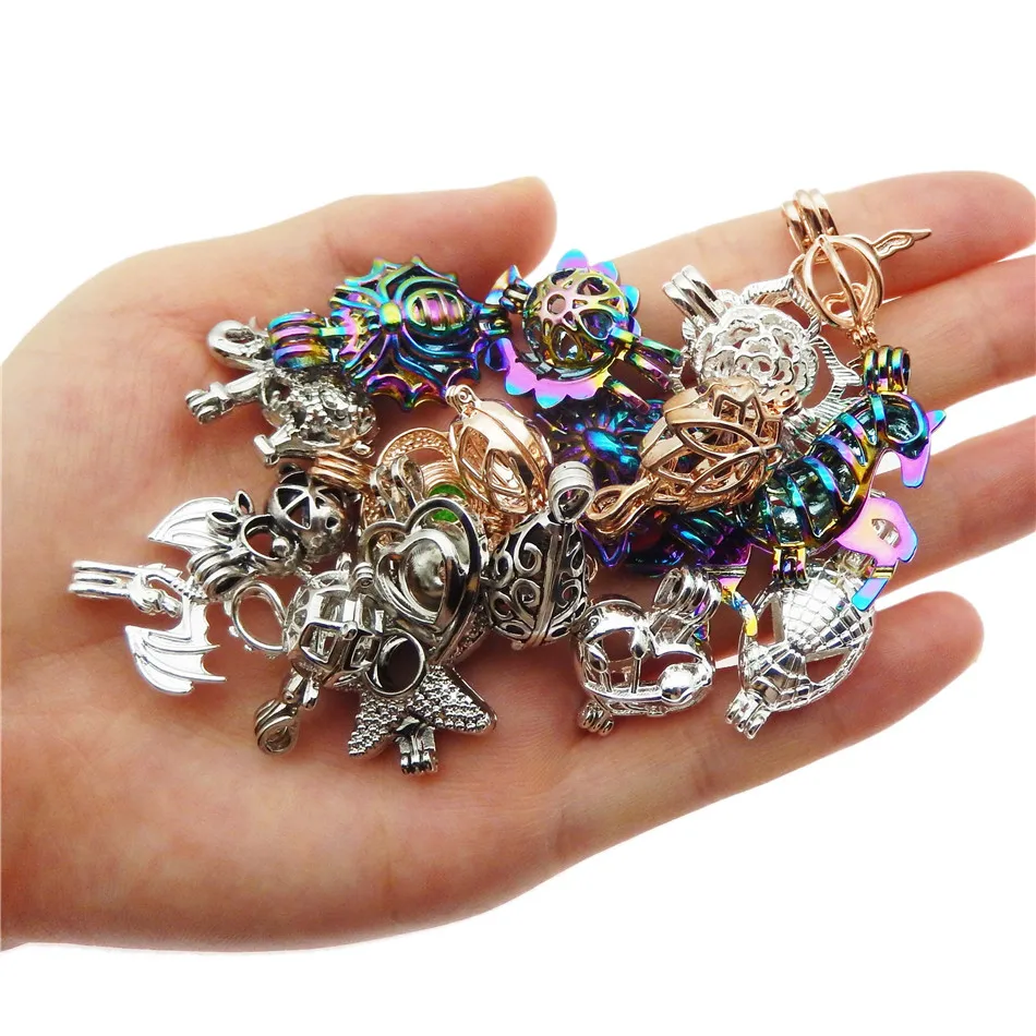 20pcs Mixed Colors Hybrid Models Zinc Alloy Pearl Cage Pendants Aromatherapy Essential Oil Diffuser Necklace DIY Neckla Jewelry
