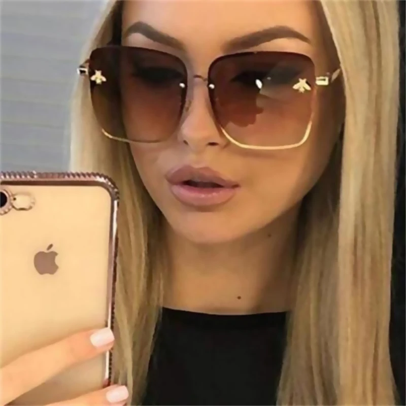 TOYEARN 2024 New Fashion Lady Oversized Rimless Square Sunglasses Women Small Bee Glasses Gradient Sun Glasses For Female  UV400