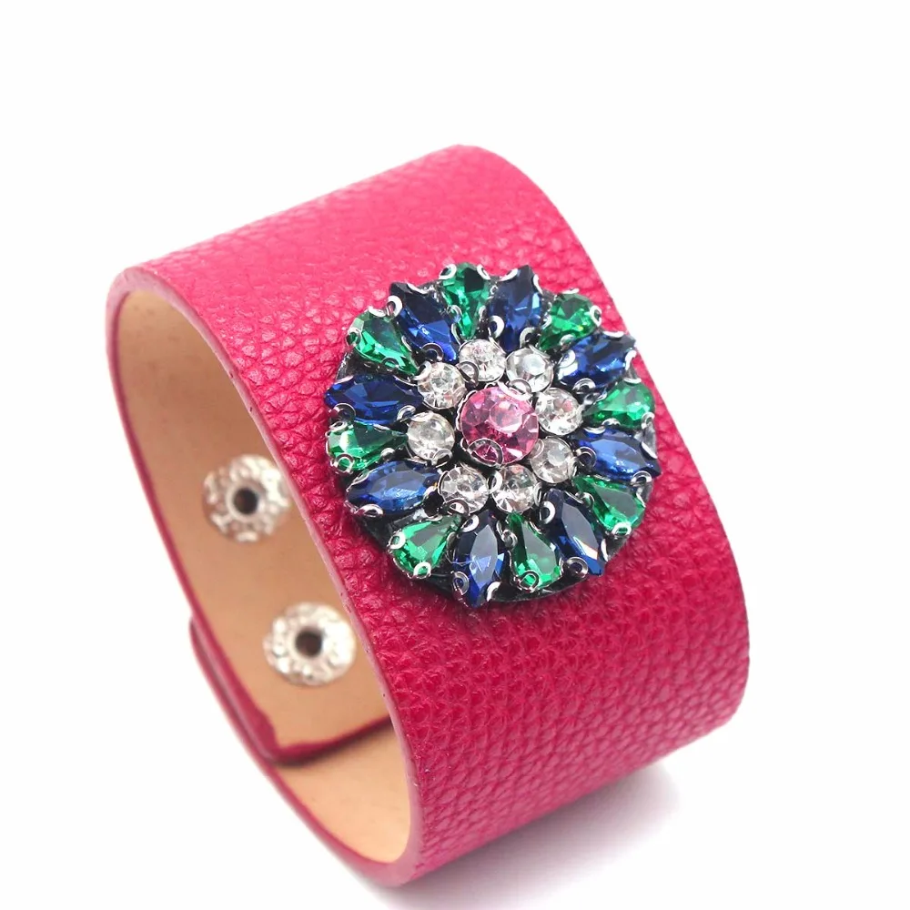 TOTABC Rhinestone Leather Bracelet Jewelry Hand Chain Simple All-Match Wide Wrap Bracelet Femme New Hand Jewelry