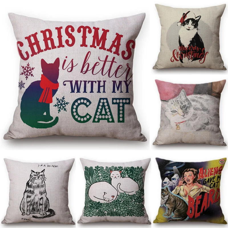 

Christmas Decoration Cushion Cover Painting Cats Pillow Case Cute Throw Pillows Cotton Home Decor Children's Room New Year Gift