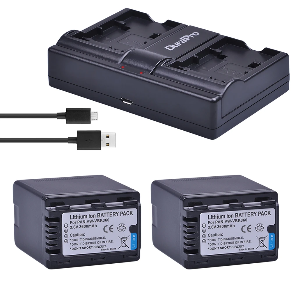 

2PC VW-VBK360 VW VBK360 Camera Battery + USB Charger for Panasonic HDC-HS80 SD40 SD60 SD80 SDX1 SDR-H100 H85 H95 HS60 HS80 TM60