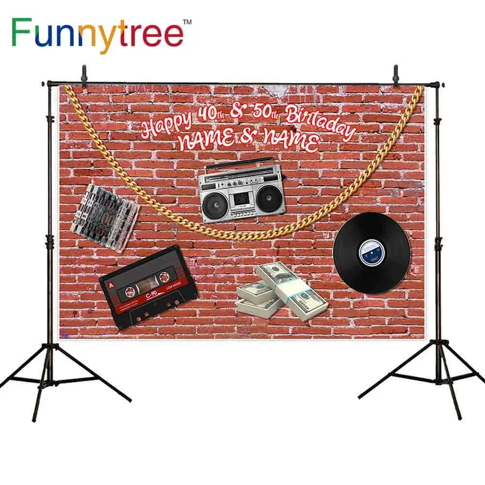 Funnytree customize vinyl photography backdrop banknote radio golden necklace brick wall classic vintage popular background