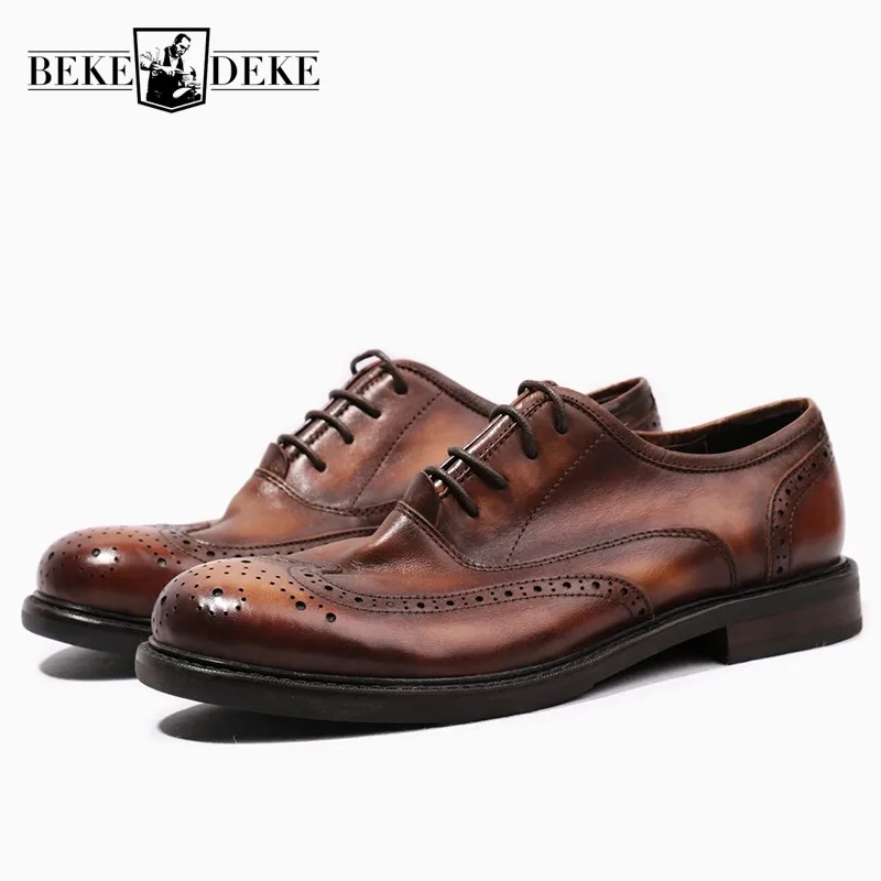 

Vintage Handmade Mens Carved Oxfords Luxury Brand Retro 100% Real Leather Round Toe Male Casual Brogue Shoes Formal Footwear