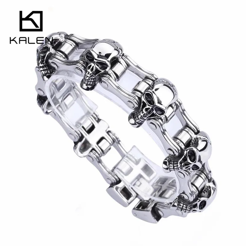 

Kalen 22cm Punk Skull Bracelets Men Stainless Steel 7 Skull Charms Link Chain Bracelet Biker Hip Hop Bike Chain Wrap Bangle