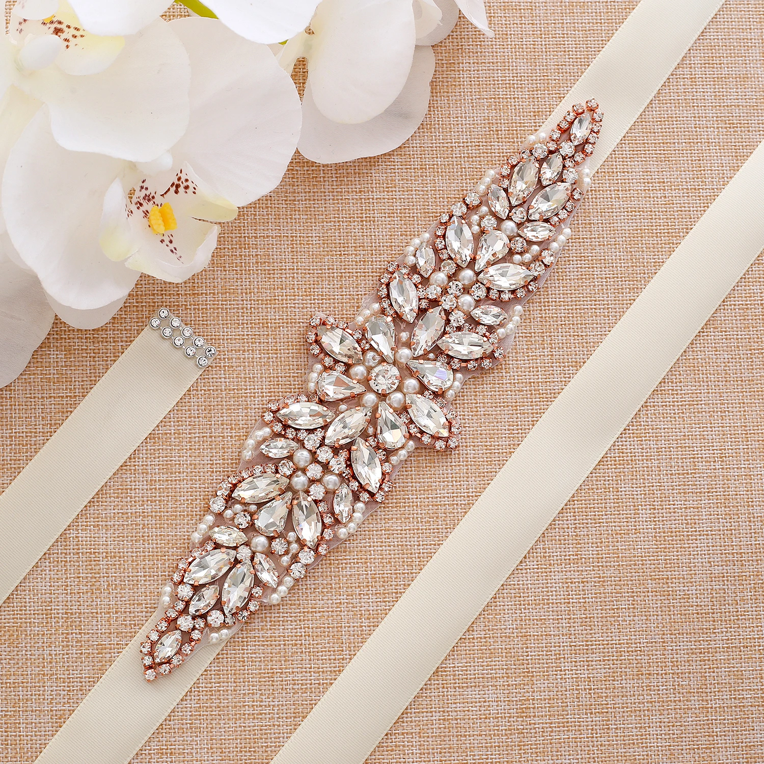 SESTHFAR Rhinestones Bridal Belt Handmade Pearls Belt Rose Gold Rhinestones Wedding Belt For Wedding Dress