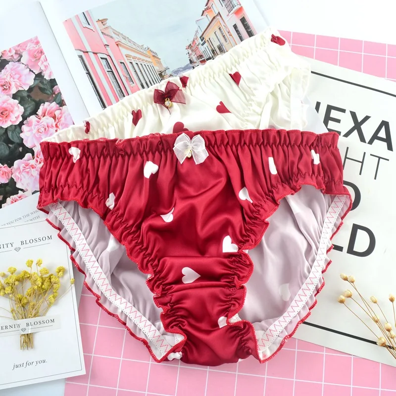 Satin Silk Heart Print Cute Lovely Sweet Women Underwear Low Waist Bow Ruffle Japanese Style GirlPanties Seamless Female Breifs