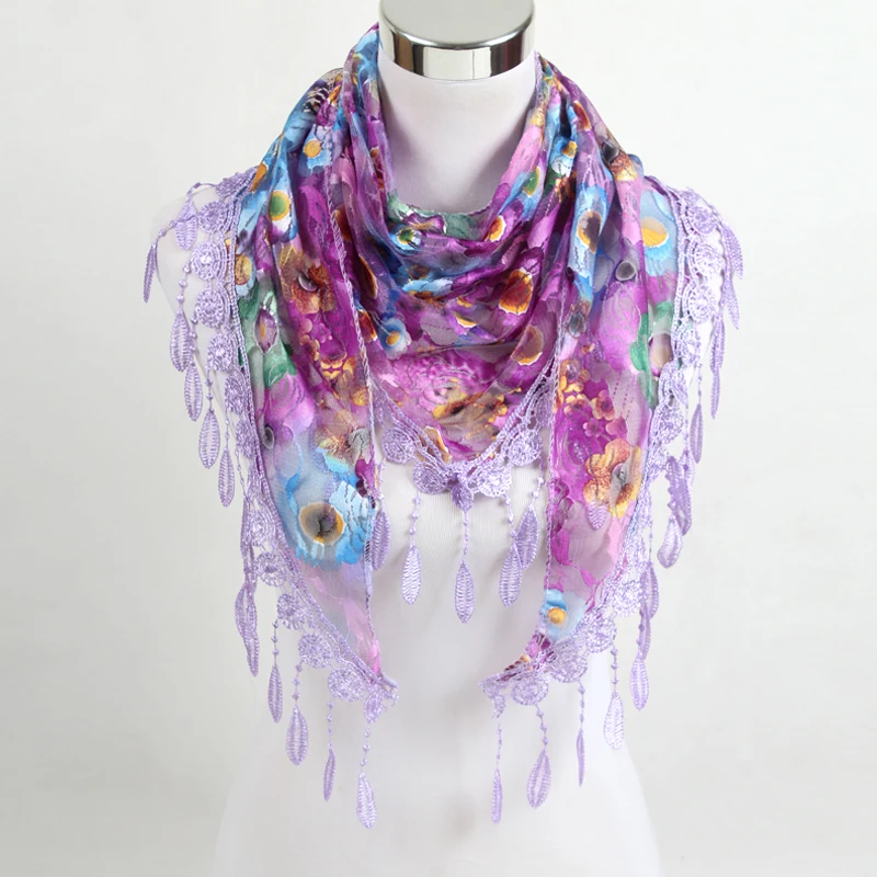 Women Fashion Triangle Scarf Lace Floral Summer Beach Tassel Scarves Chiffon Silk Wrap Pashmina Stole Foulard Hijab SJJ02