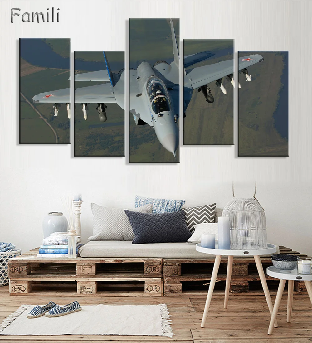 Direct Selling Cuadros 5Pieces Modern Fighter Aircraft Canvas Painting Combat Wall Picture Art For Living Room Unframed